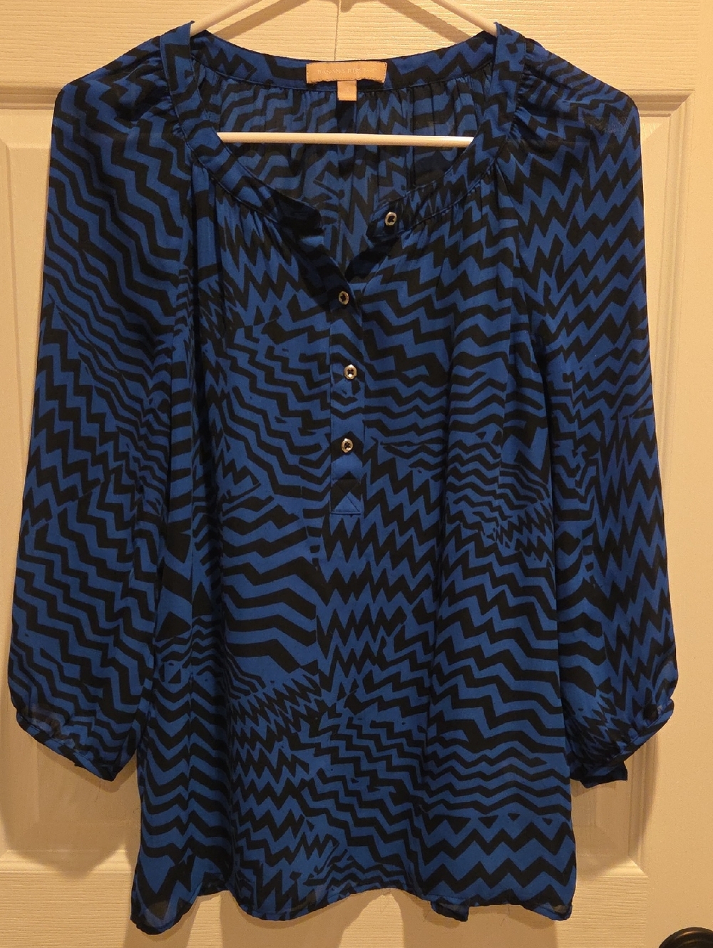Blue and Black Geometric Print Button-Front Blouse